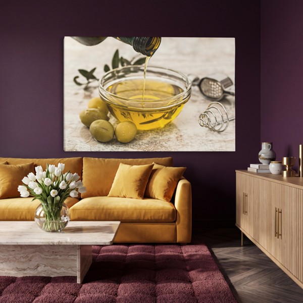 Olijfolie en Verse Olijven Canvas Print - aan de muur in een interieur