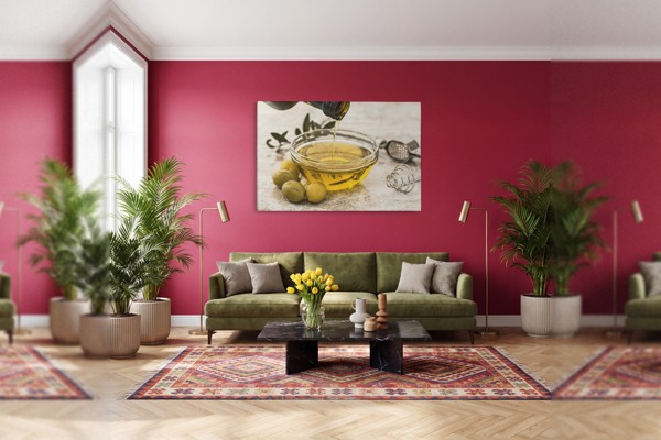 Olijfolie en Verse Olijven Canvas Print - aan de muur in een interieur