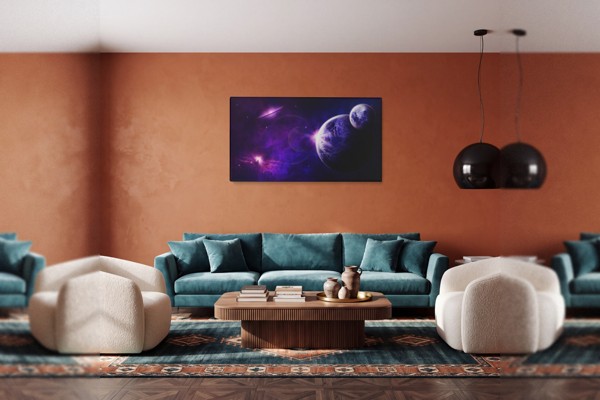 Lienzo Nebulosa Púrpura y Planeta - en la pared de un interior