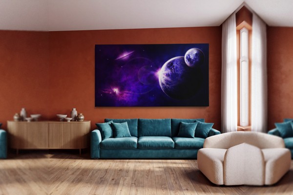 Lienzo Nebulosa Púrpura y Planeta - en la pared de un interior