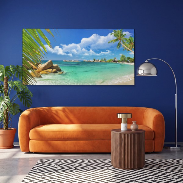 Toile Cabine de Plage Usée - Scène Côtière - au mur dans un intérieur