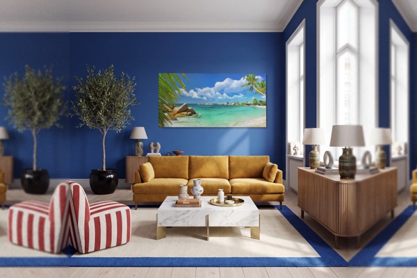 Toile Cabine de Plage Usée - Scène Côtière - au mur dans un intérieur