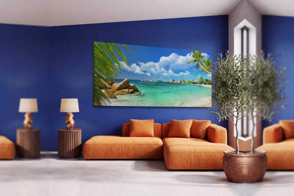 Toile Cabine de Plage Usée - Scène Côtière - au mur dans un intérieur