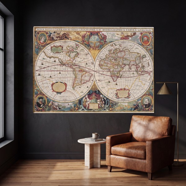 Vintage Geographie-Kartencollage Leinwanddruck - an der Wand in einem Raum