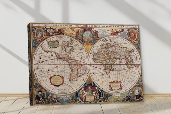 Vintage Geographie-Kartencollage Leinwanddruck - an der Wand in einem Raum