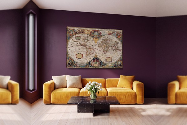 Vintage Geographie-Kartencollage Leinwanddruck - an der Wand in einem Raum