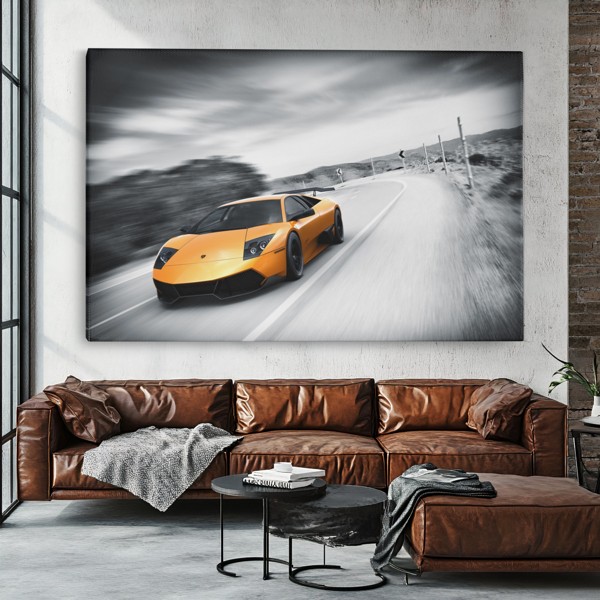 Бял Lamborghini на открит път - платно - на стената в интериор