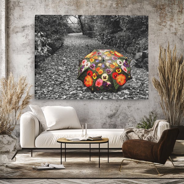 Kleurrijke Wilde Bloemen in Herfstbos Canvas Print - aan de muur in een interieur
