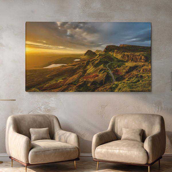 Impression sur Toile Paysage Coucher de Soleil Montagne - au mur dans un intérieur