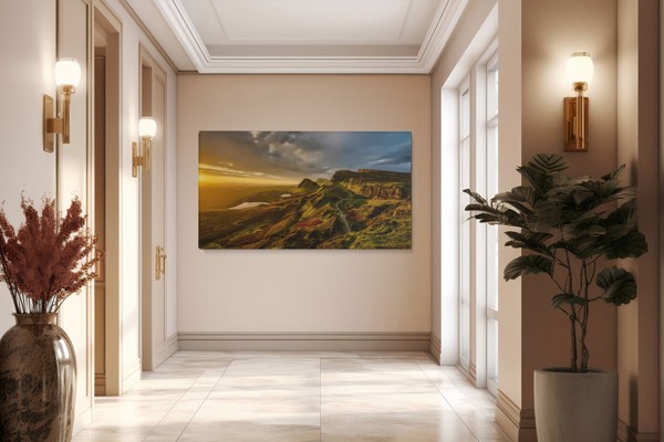 Impression sur Toile Paysage Coucher de Soleil Montagne - au mur dans un intérieur