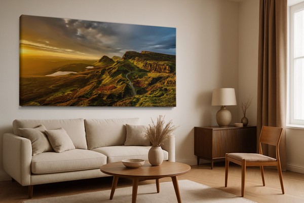 Impression sur Toile Paysage Coucher de Soleil Montagne - au mur dans un intérieur