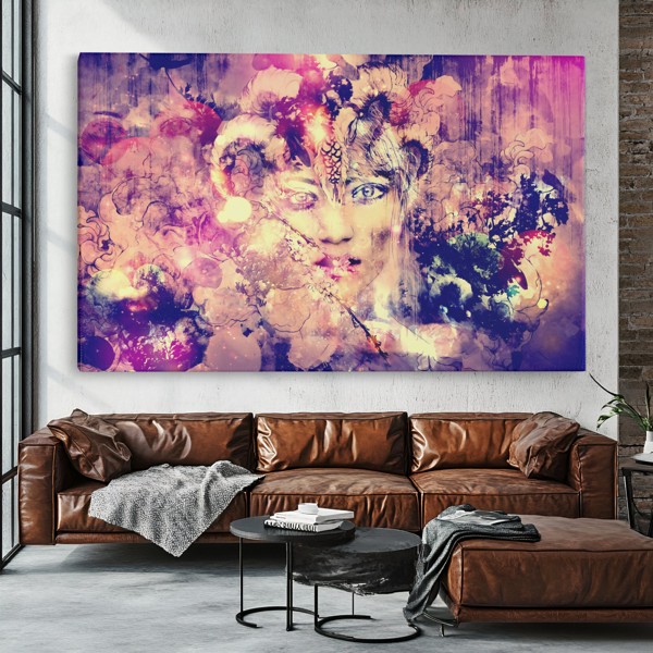 Tableau Toile Visage de Femme Abstrait Coloré - au mur dans un intérieur