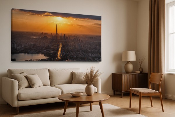Sunrise Above the City Canvas Print - on the wall in a room interior