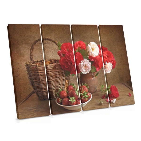Basket with Flowers and Strawberries Still Life Canvas Print