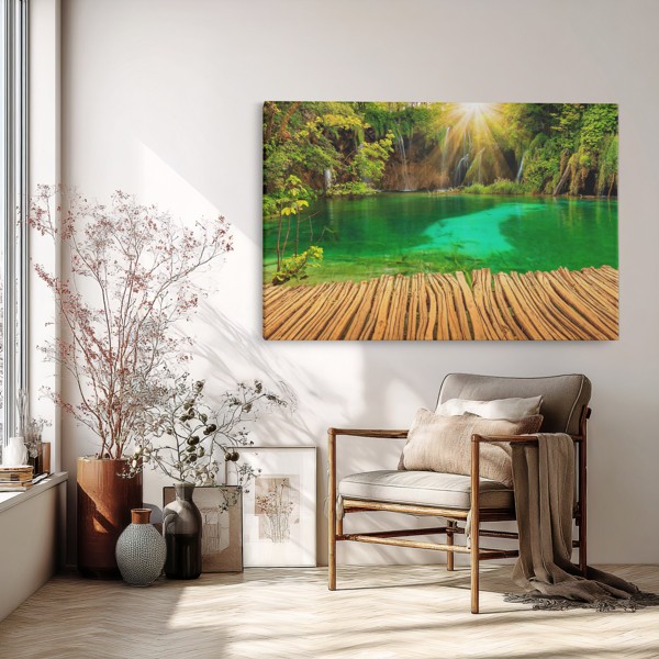 Toile Cascade Turquoise et Lac - au mur dans un intérieur