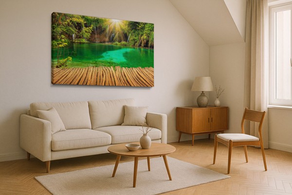 Toile Cascade Turquoise et Lac - au mur dans un intérieur