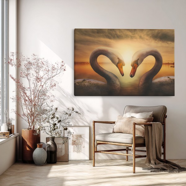 Impression sur Toile Deux Cygnes au Coucher de Soleil - au mur dans un intérieur