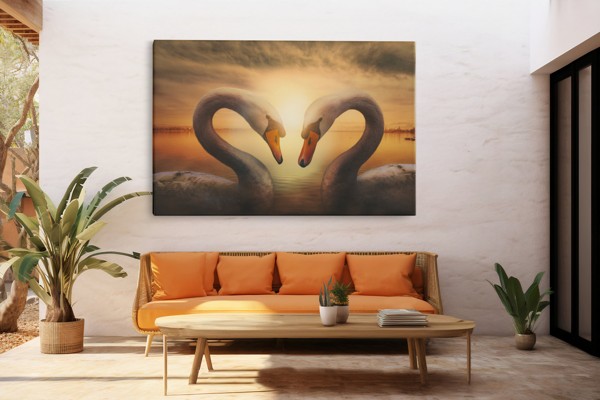 Impression sur Toile Deux Cygnes au Coucher de Soleil - au mur dans un intérieur