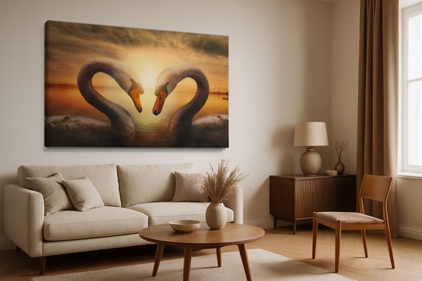 Impression sur Toile Deux Cygnes au Coucher de Soleil - au mur dans un intérieur