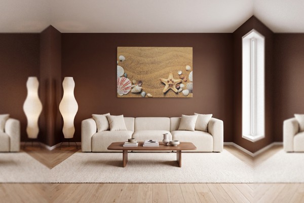 Sand och Snäckskal Strands Canvas Print - på väggen i ett rum