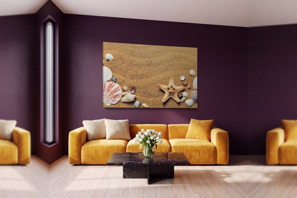 Sand och Snäckskal Strands Canvas Print - på väggen i ett rum