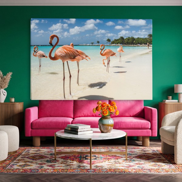 Flamant Rose dans l'Eau Calme - Toile Imprimée - au mur dans un intérieur