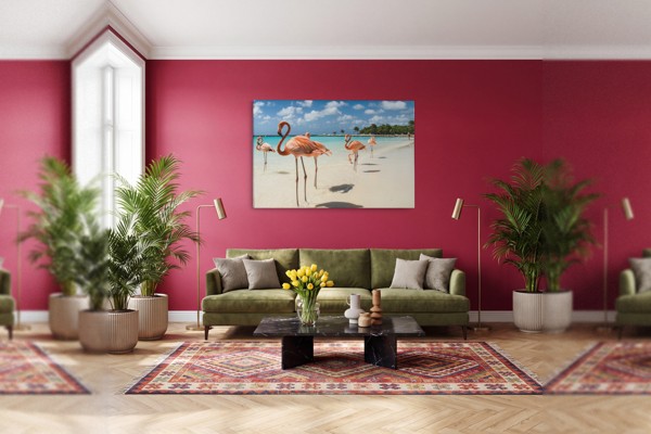 Flamant Rose dans l'Eau Calme - Toile Imprimée - au mur dans un intérieur