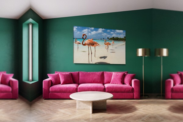Flamant Rose dans l'Eau Calme - Toile Imprimée - au mur dans un intérieur