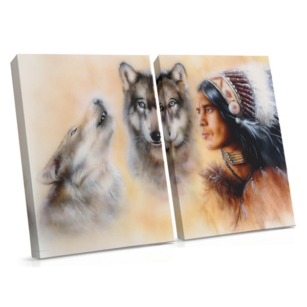 Guerrero Nativo y Lobos Lienzo