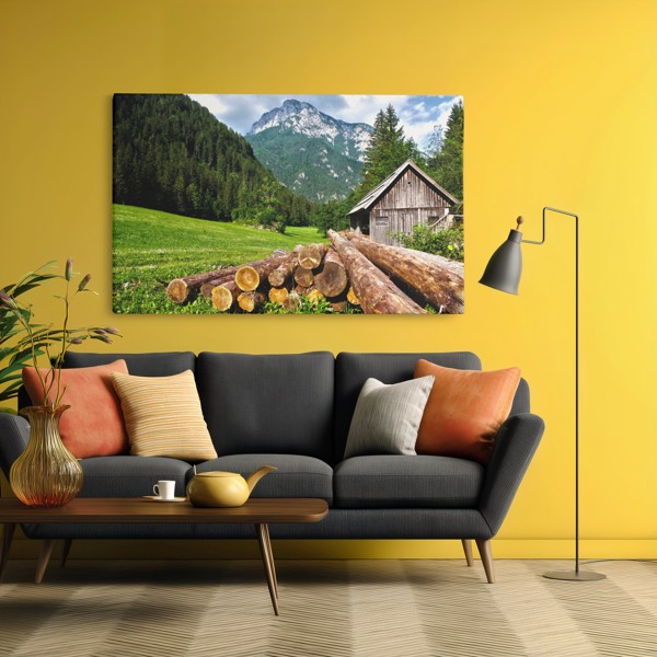 Berglandschaft mit Baum Leinwanddruck - an der Wand in einem Raum