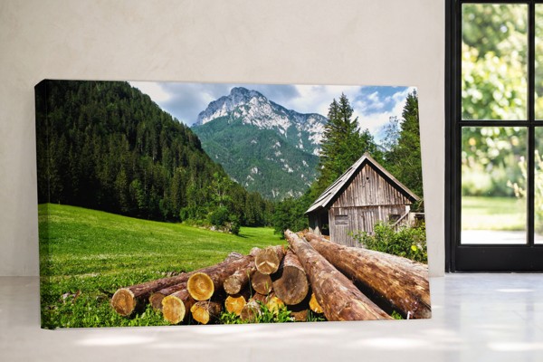 Berglandschaft mit Baum Leinwanddruck - an der Wand in einem Raum