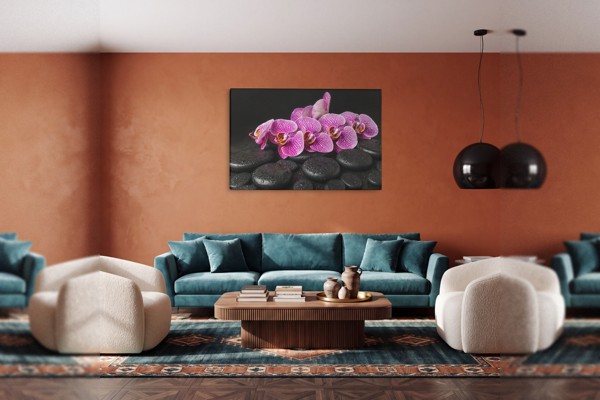 Orchidea a kúpeľné kamene - Plátno - na stene v interiéri