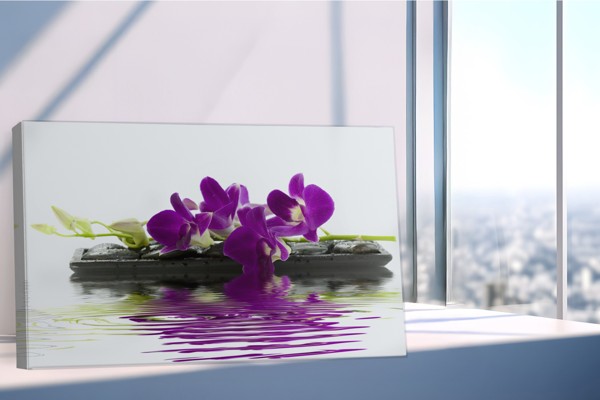 Witte Orchidee met Bamboe Reflectie Canvas Print - aan de muur in een interieur