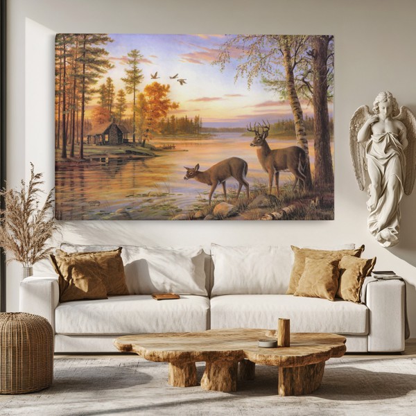 Impression sur Toile Paysage Rivière Forêt - au mur dans un intérieur