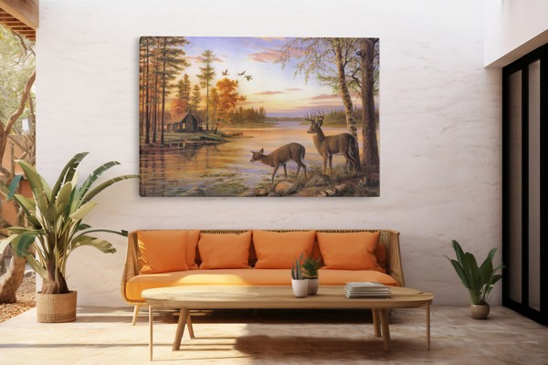 Impression sur Toile Paysage Rivière Forêt - au mur dans un intérieur