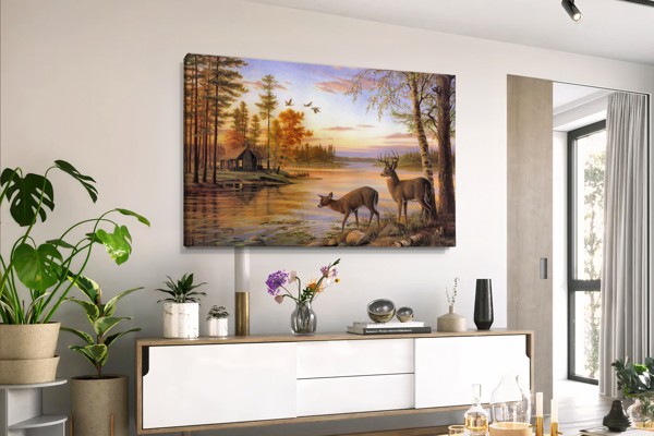 Impression sur Toile Paysage Rivière Forêt - au mur dans un intérieur