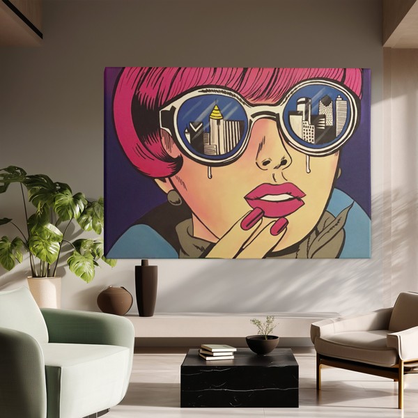 Pop Art Dekle v Očalih - Platno - na steni v interjerju