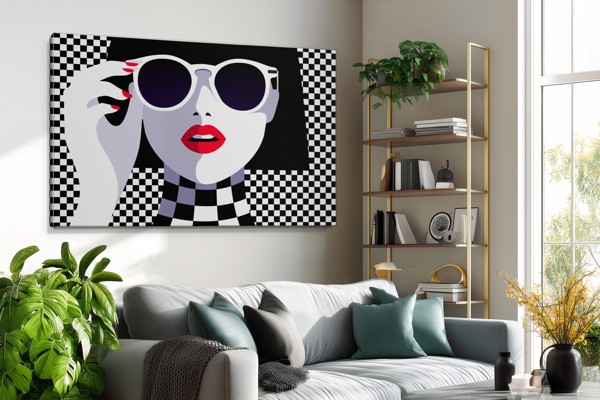 Punaisten huulten Pop Art -muotokuva kankaalla - seinällä huoneessa