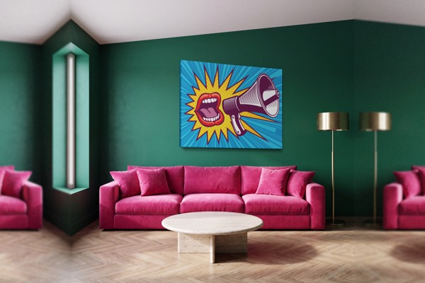 Tablou Canvas Pop Art - Portret cu Față Grafică Îndrăzneață - pe perete într-un interior