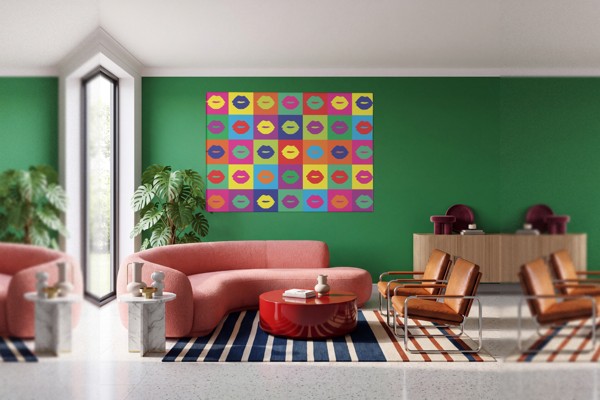 Pop Art Usta Druk na Płótnie w Odważnych Kolorach - na ścianie we wnętrzu