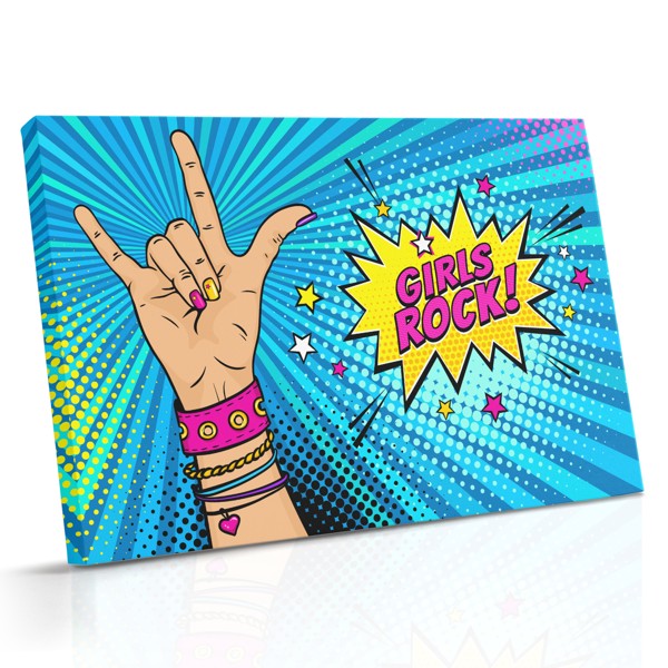 Una tela pop art con grafica audace e la frase "Girls Rock" in stile retrò