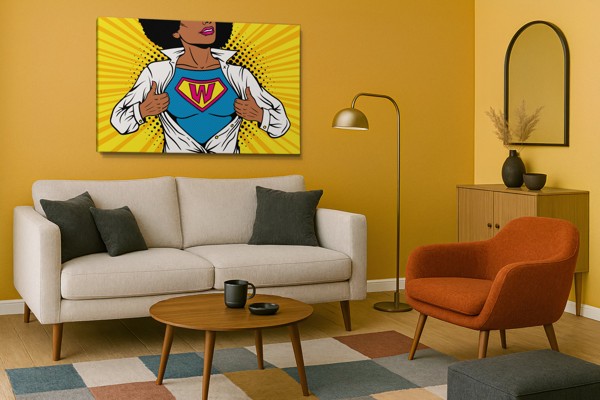 Pop Art Superwoman Leinwanddruck - an der Wand in einem Raum