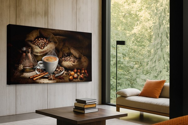 Coffee Cup with Steam Canvas Print - on the wall in a room interior