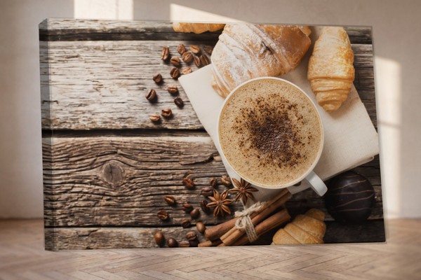 Koffie & Ontbijt Stilleven Canvas Print - aan de muur in een interieur