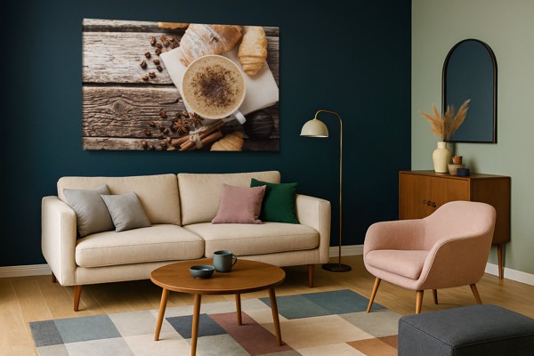 Koffie & Ontbijt Stilleven Canvas Print - aan de muur in een interieur
