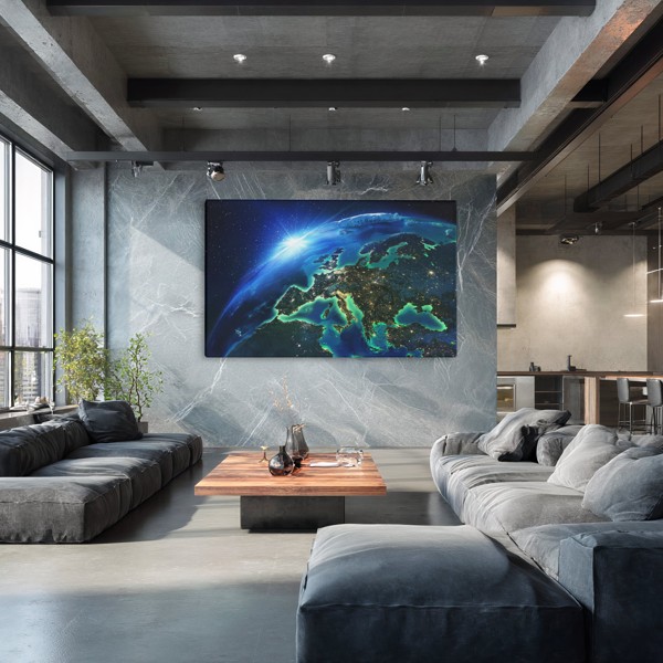 Erde aus dem Weltall Leinwanddruck - Blauer Planet - an der Wand in einem Raum