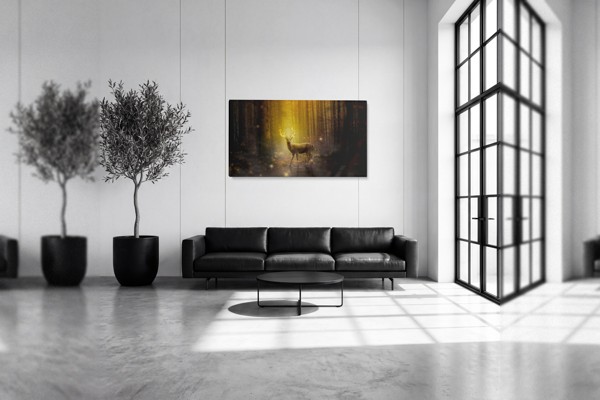 Goldener Wald mit Hirsch Leinwanddruck - an der Wand in einem Raum