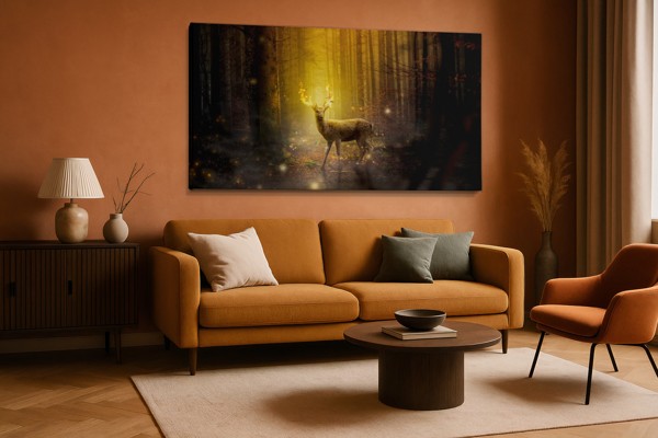 Goldener Wald mit Hirsch Leinwanddruck - an der Wand in einem Raum