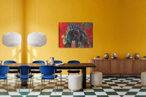 Abstract Jazz Canvas Print - Warm Tones & Musical Energy - on the wall in a room interior