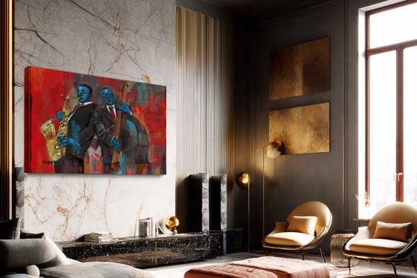 Abstract Jazz Canvas Print - Warm Tones & Musical Energy - on the wall in a room interior